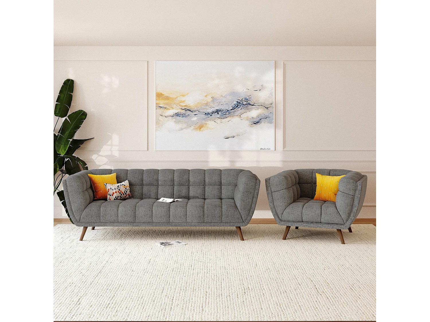 Sillón tapizado en tela gris - Carmen