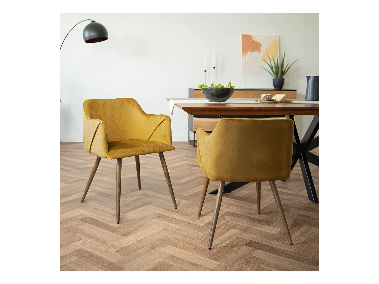 Lot de 2 chaises avec accoudoirs en velours jaune moutarde - Daisy