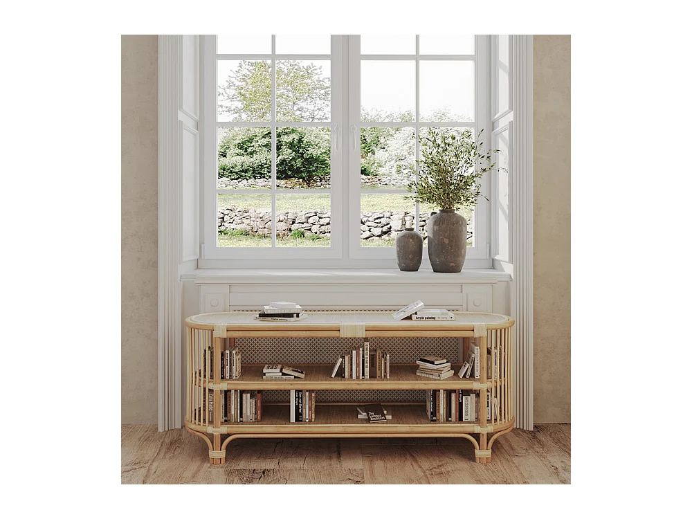 Console 140 cm en rotin naturel avec étagères - Marthe