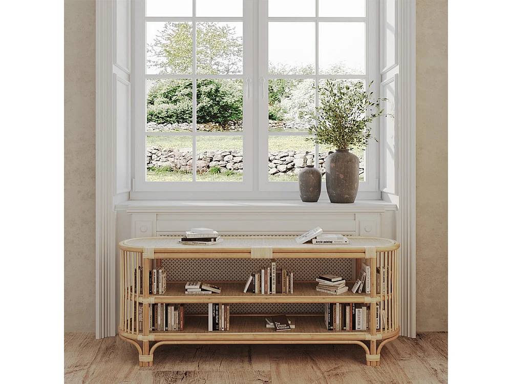 Console 140 cm en rotin naturel avec étagères - Marthe