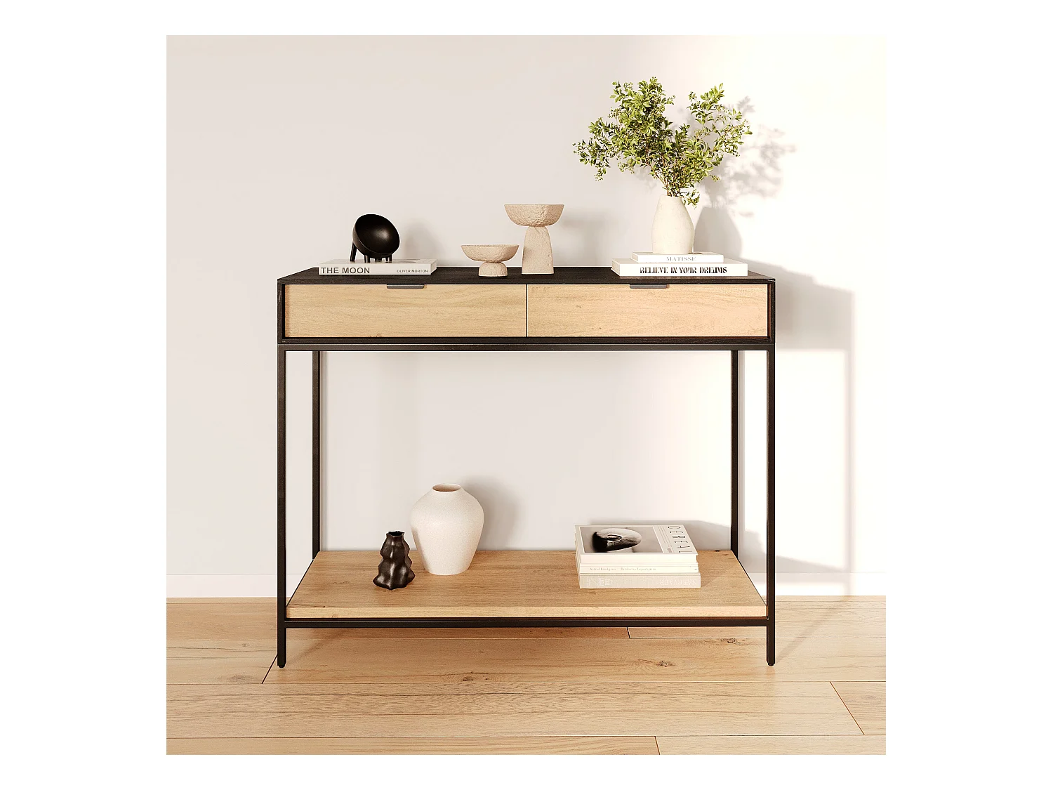 Consola de 2 cajones de madera de acacia con patas de metal negro - Jakson