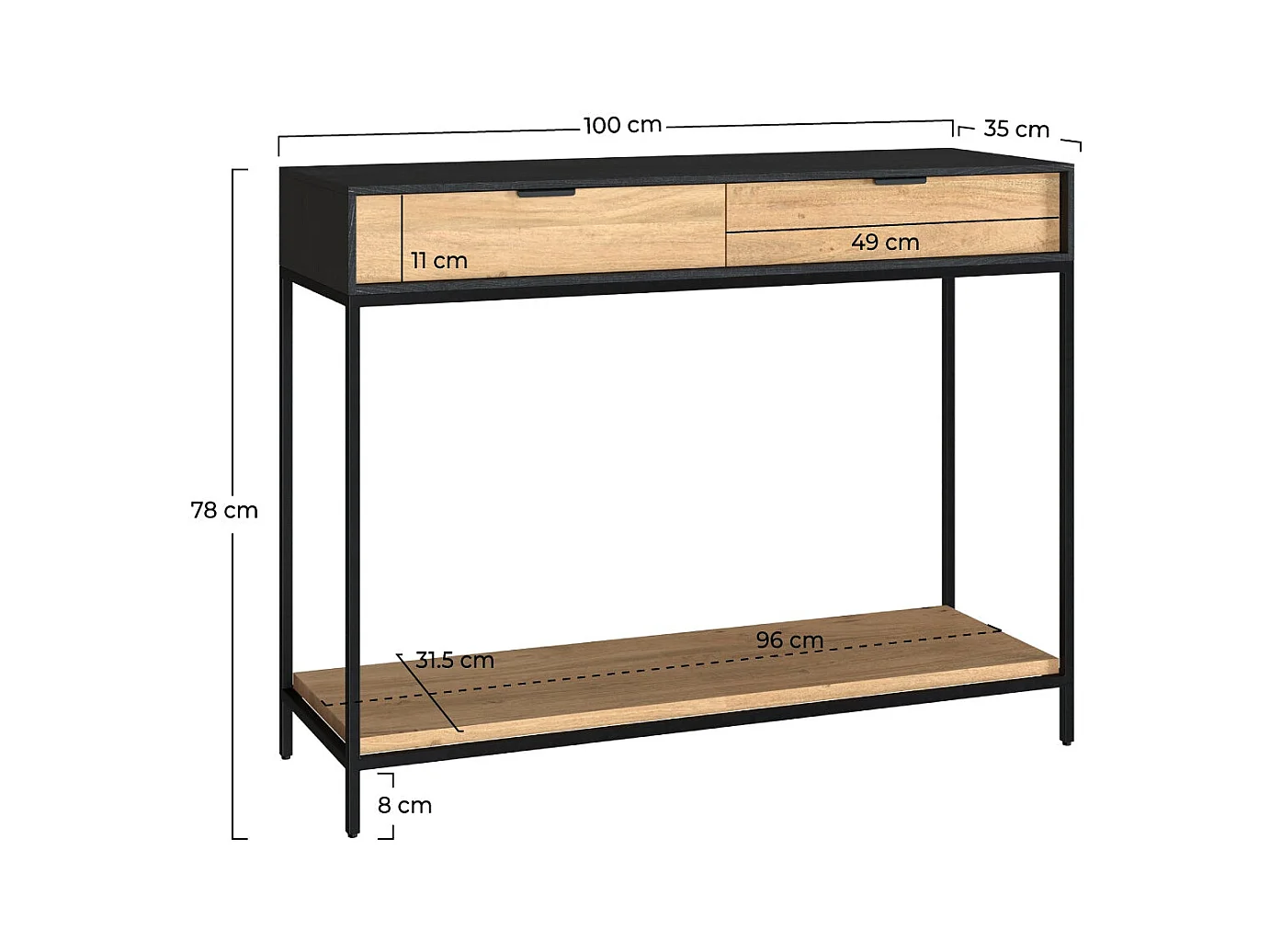 Consola de 2 cajones de madera de acacia con patas de metal negro - Jakson