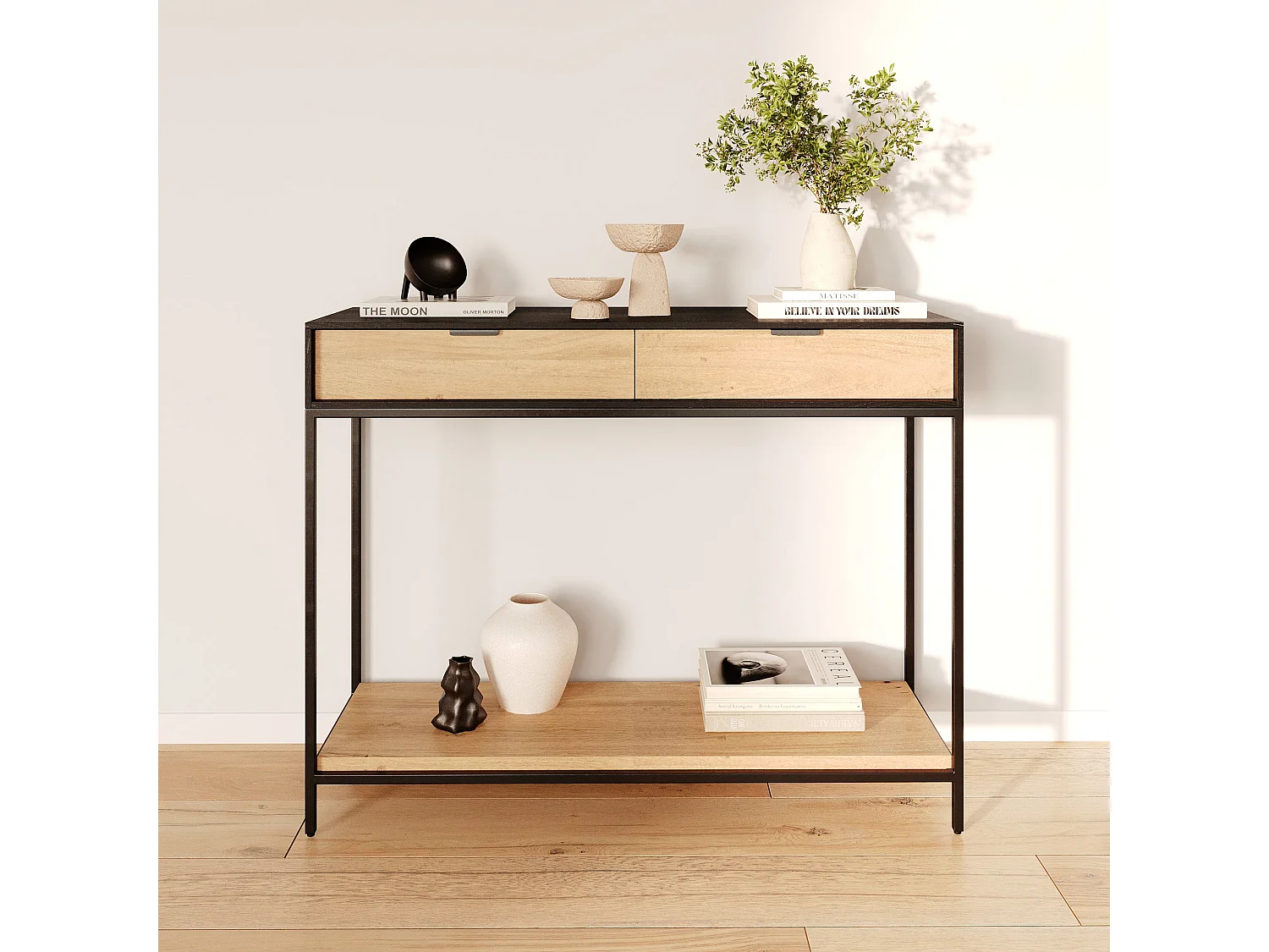 Consolle a 2 cassetti in legno di acacia con gambe in metallo nero - Jakson