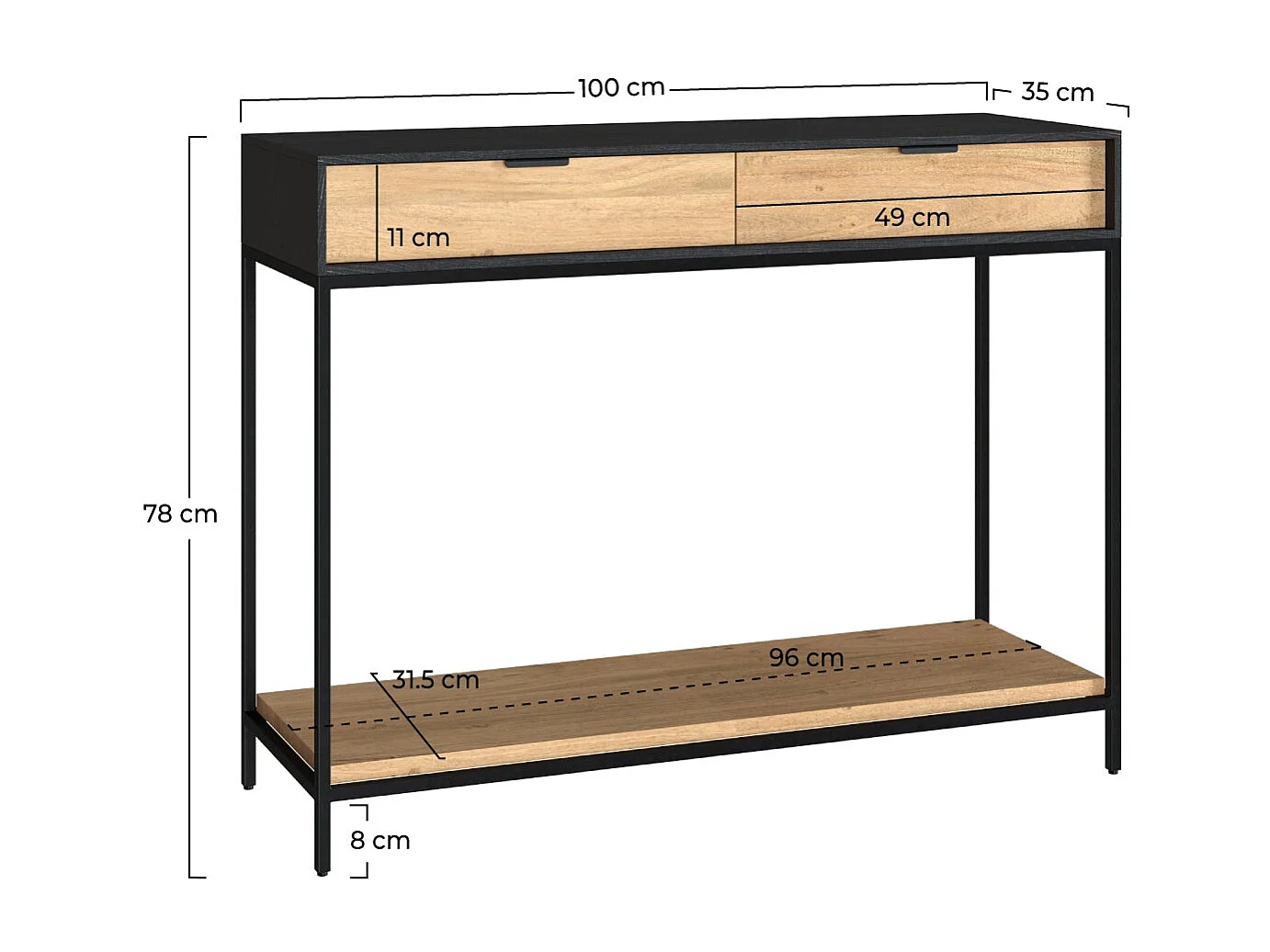 Consolle a 2 cassetti in legno di acacia con gambe in metallo nero - Jakson