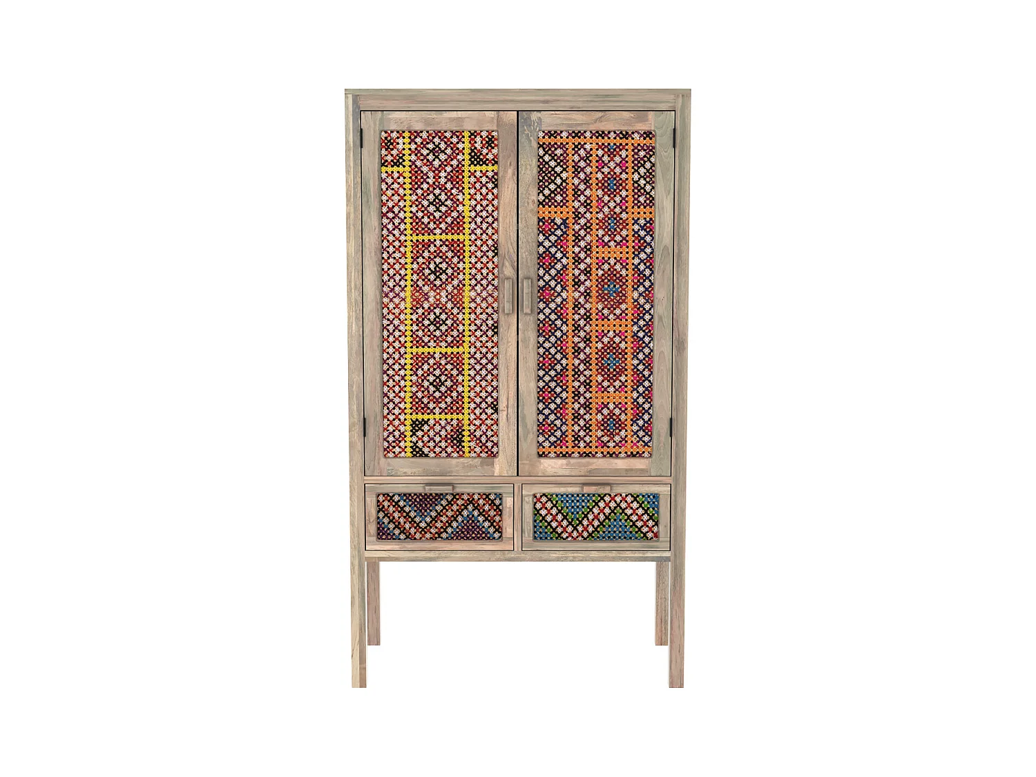Armoire 2 portes 2 tiroirs en manguier et cannage coloré - Massaï