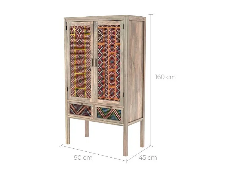 Armoire 2 portes 2 tiroirs en manguier et cannage coloré - Massaï