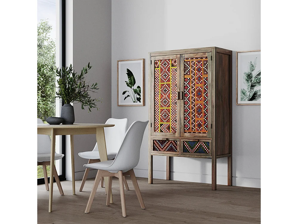 Armoire 2 portes 2 tiroirs en manguier et cannage coloré - Massaï