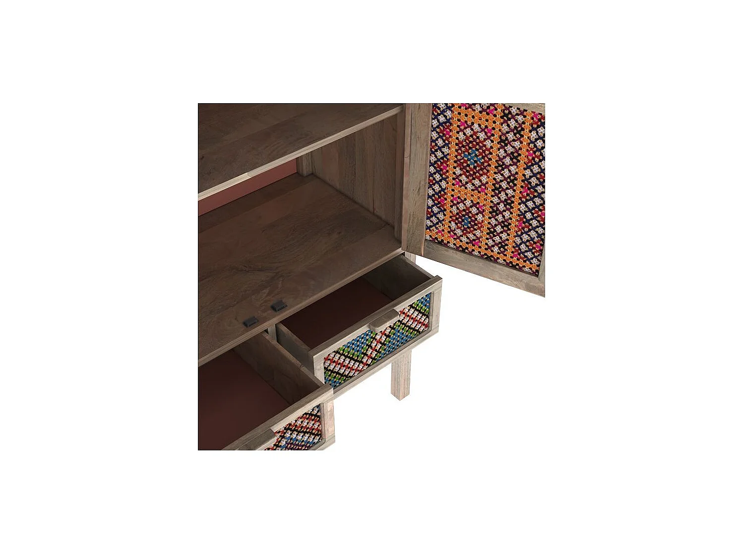 Armoire 2 portes 2 tiroirs en manguier et cannage coloré - Massaï