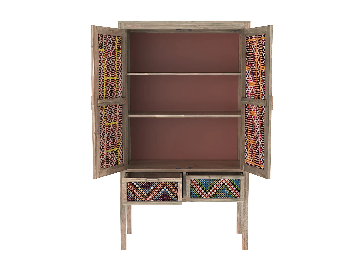 Armoire 2 portes 2 tiroirs en manguier et cannage coloré - Massaï