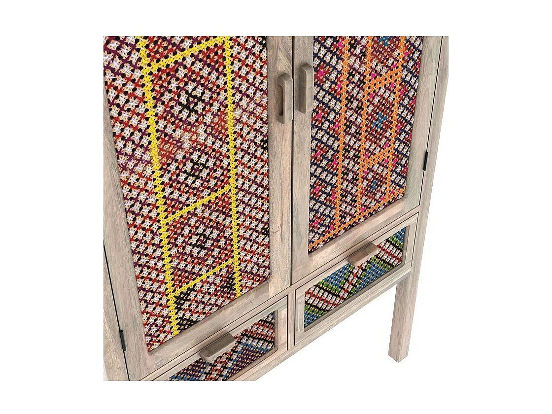 Armoire 2 portes 2 tiroirs en manguier et cannage coloré - Massaï