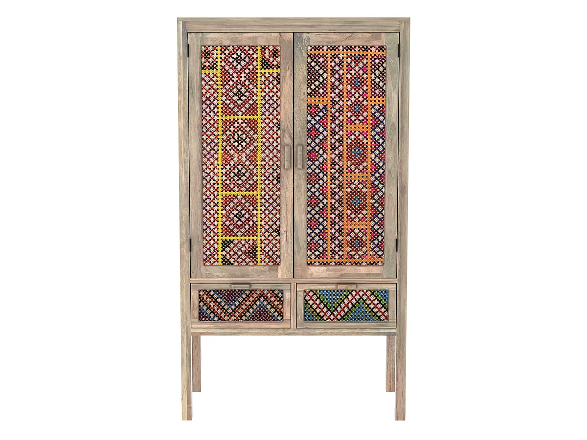 Armoire 2 portes 2 tiroirs en manguier et cannage coloré - Massaï