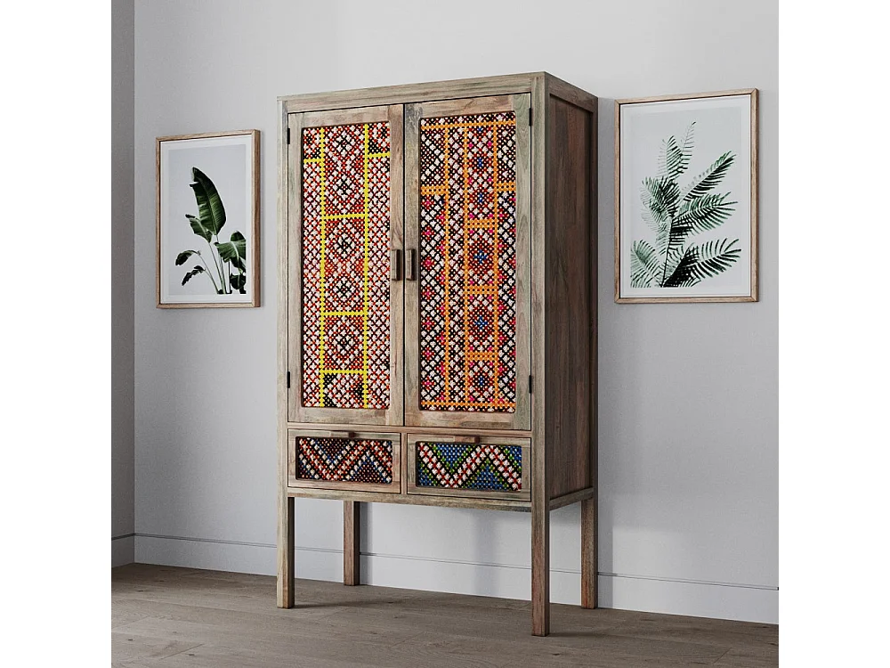 Armoire 2 portes 2 tiroirs en manguier et cannage coloré - Massaï