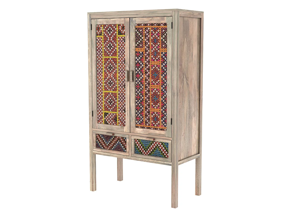 Armoire 2 portes 2 tiroirs en manguier et cannage coloré - Massaï