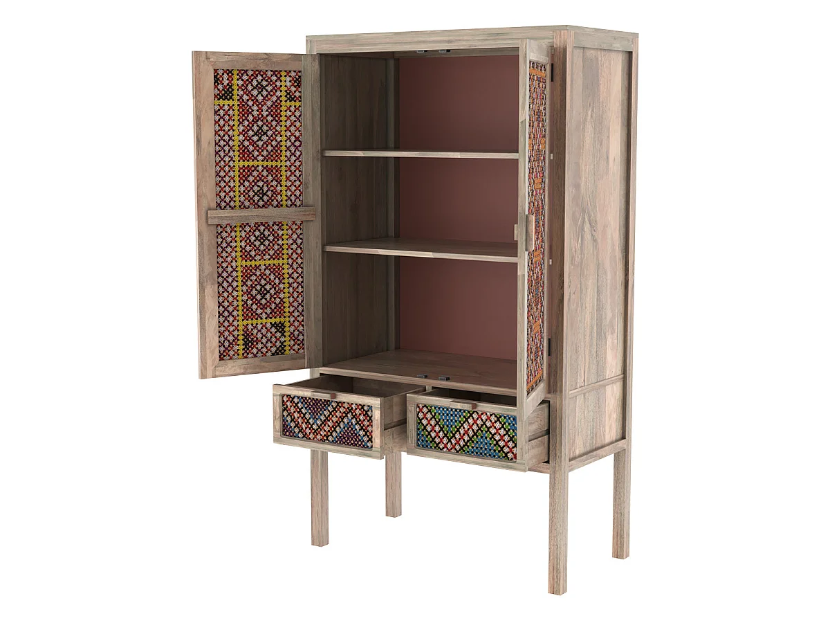 Armoire 2 portes 2 tiroirs en manguier et cannage coloré - Massaï
