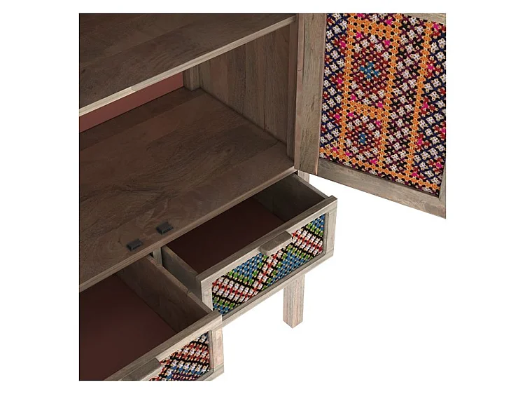 Armoire 2 portes 2 tiroirs en manguier et cannage coloré - Massaï