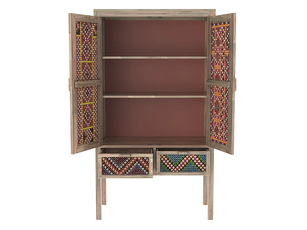 Armoire 2 portes 2 tiroirs en manguier et cannage coloré - Massaï