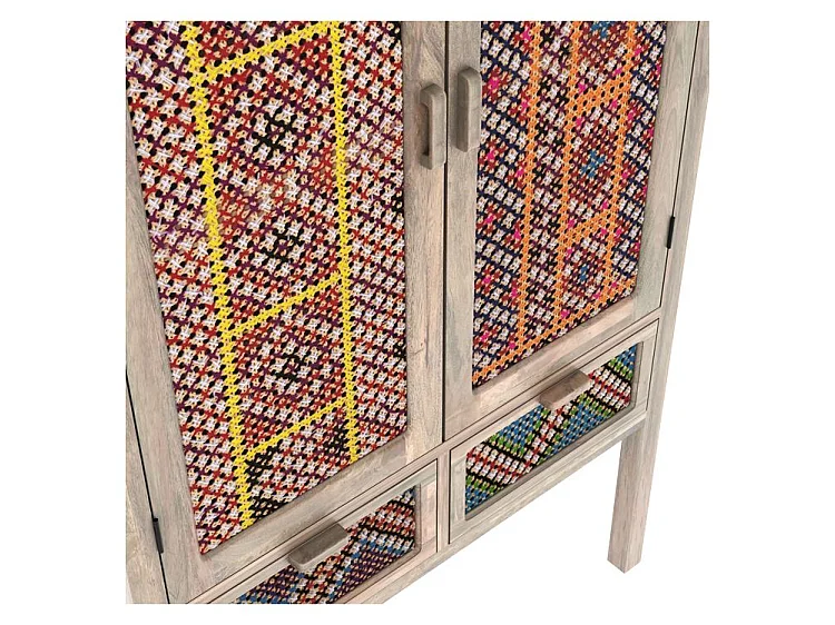 Armoire 2 portes 2 tiroirs en manguier et cannage coloré - Massaï