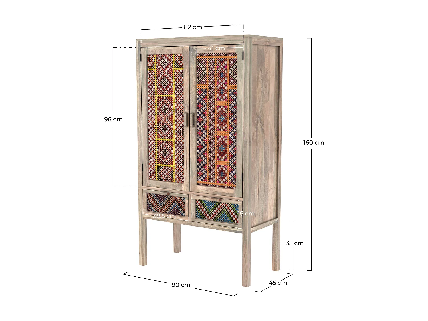 Armoire 2 portes 2 tiroirs en manguier et cannage coloré - Massaï