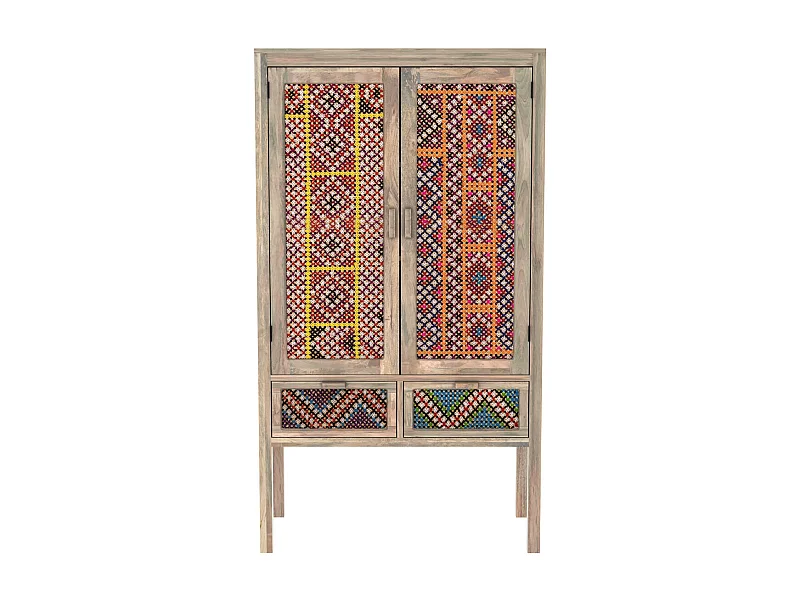 Armoire 2 portes 2 tiroirs en manguier et cannage coloré - Massaï