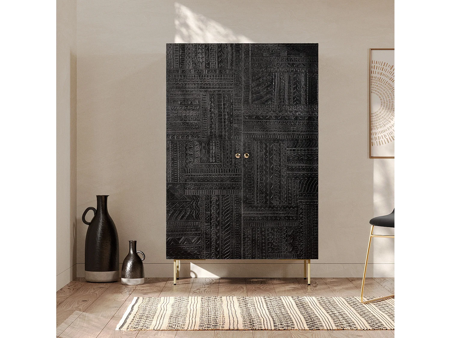 Mobile in legno nero inciso e metallo dorato - Chimane