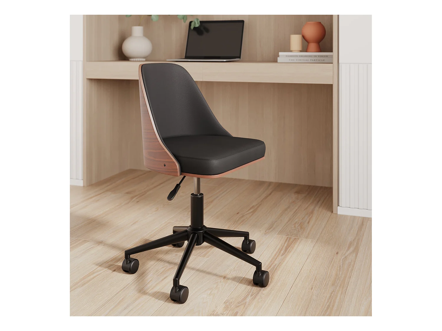 Sedia da scrivania girevole su rotelle in legno scuro e PU nero - Georges