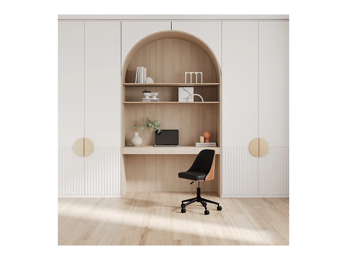 Sedia da scrivania girevole su rotelle in legno scuro e PU nero - Georges