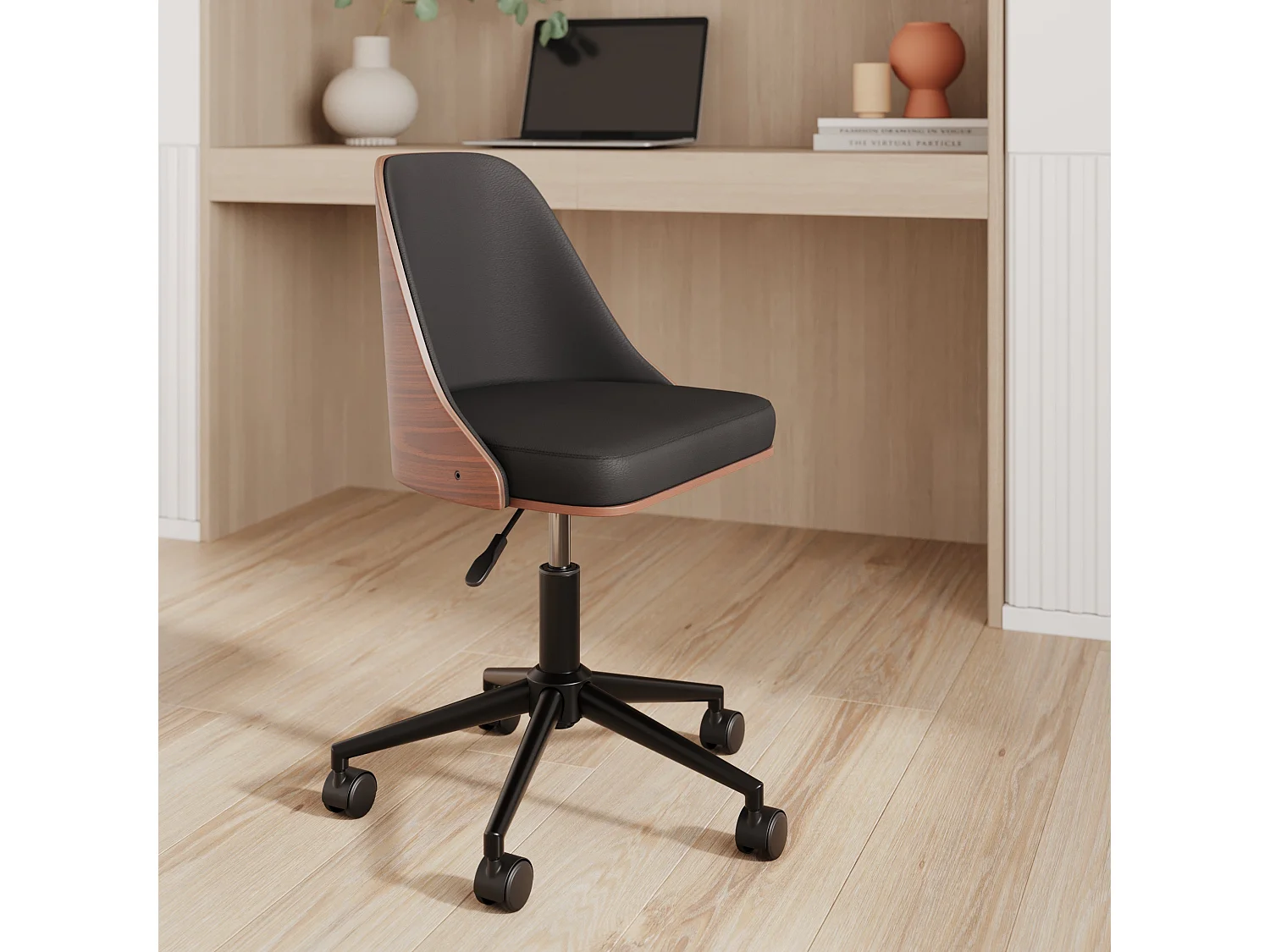 Sedia da scrivania girevole su rotelle in legno scuro e PU nero - Georges