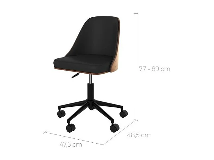 Sedia da scrivania girevole su rotelle in legno scuro e PU nero - Georges