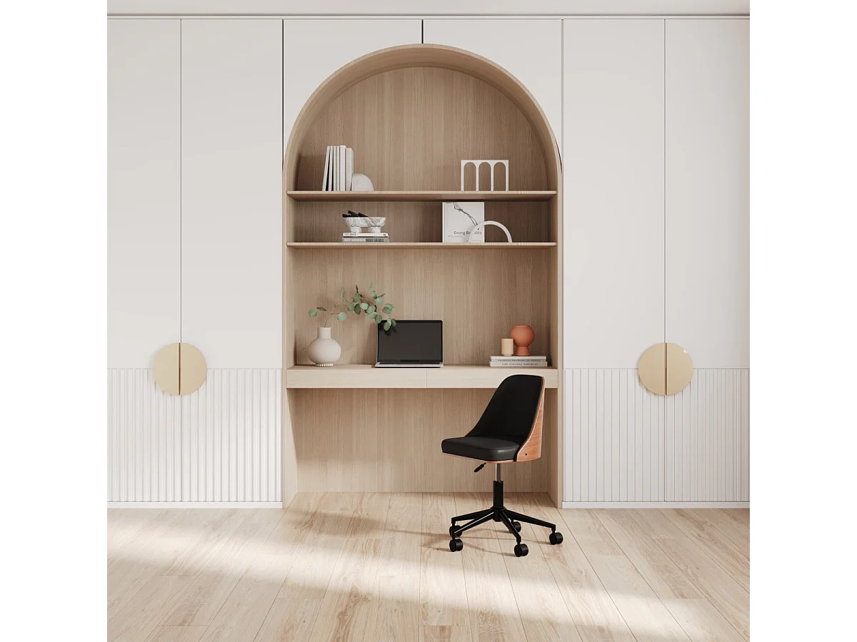 Sedia da scrivania girevole su rotelle in legno scuro e PU nero - Georges