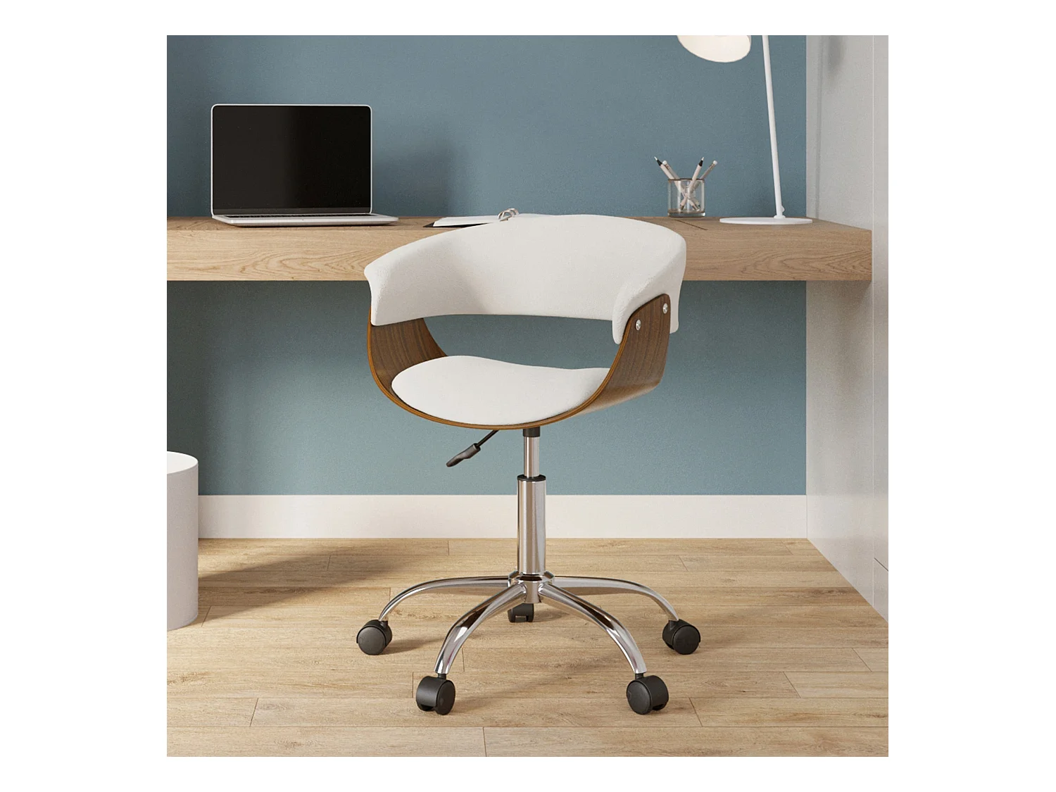 Silla de oficina con ruedas en madera y PU blanco - Basile