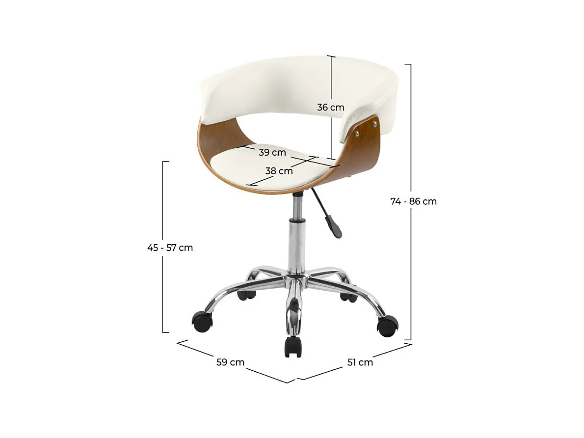 Silla de oficina con ruedas en madera y PU blanco - Basile