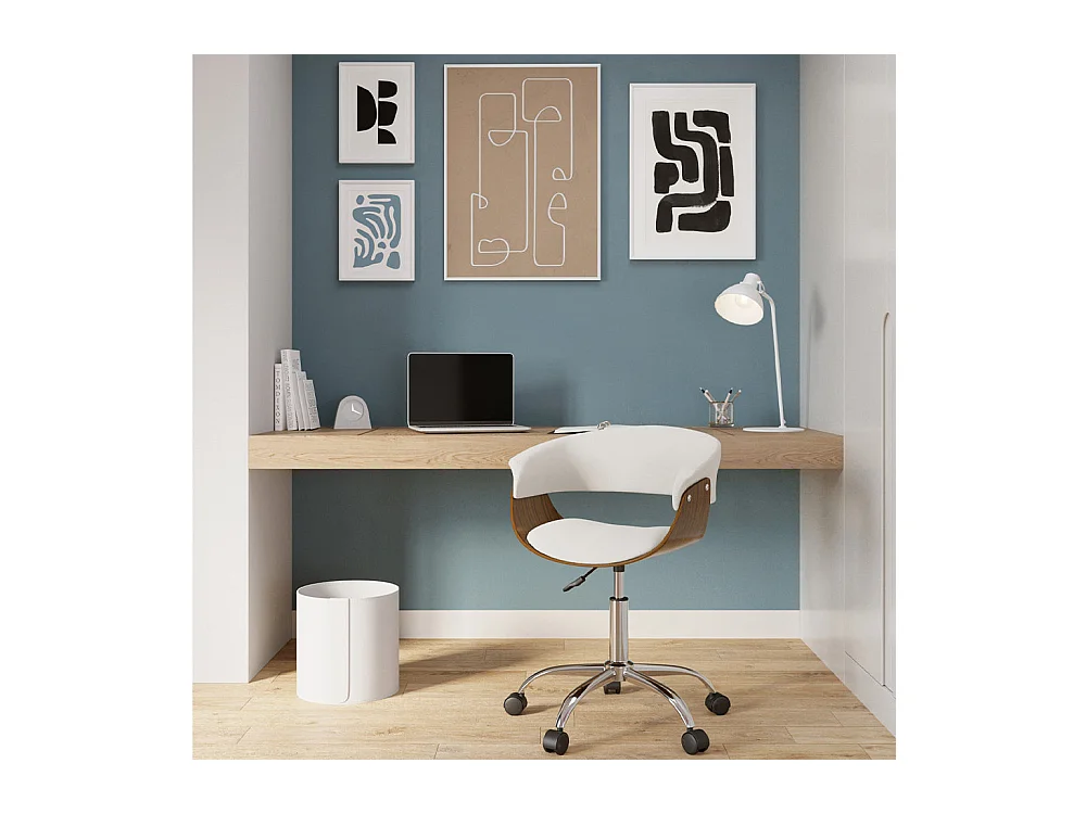 Silla de oficina con ruedas en madera y PU blanco - Basile