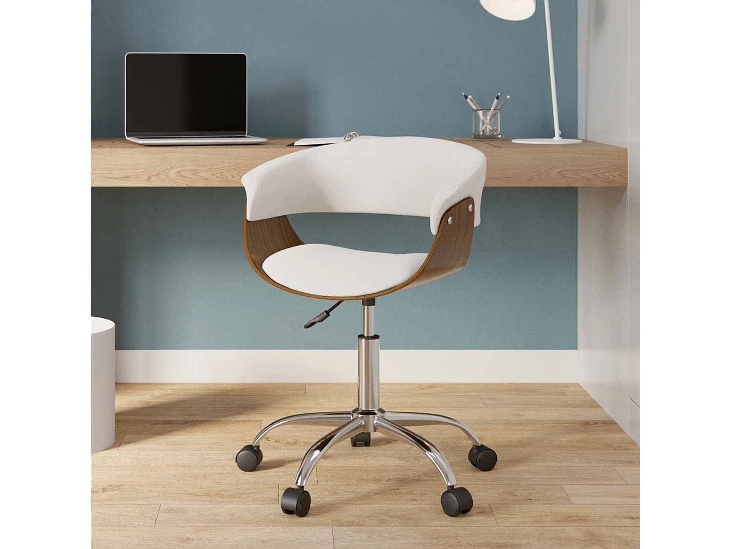 Chaise de bureau pivotante en bois et PU blanc - Basile