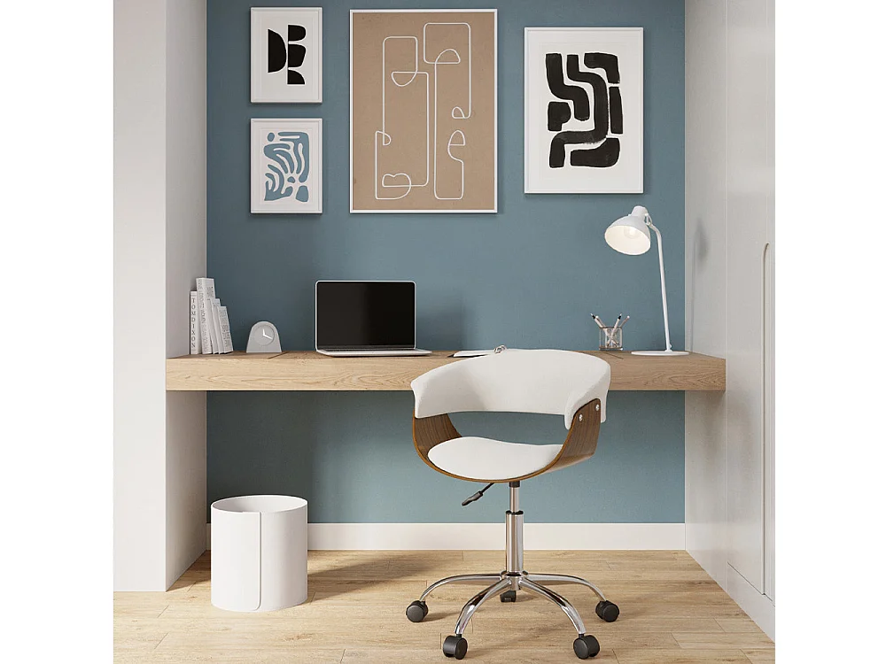 Chaise de bureau pivotante en bois et PU blanc - Basile