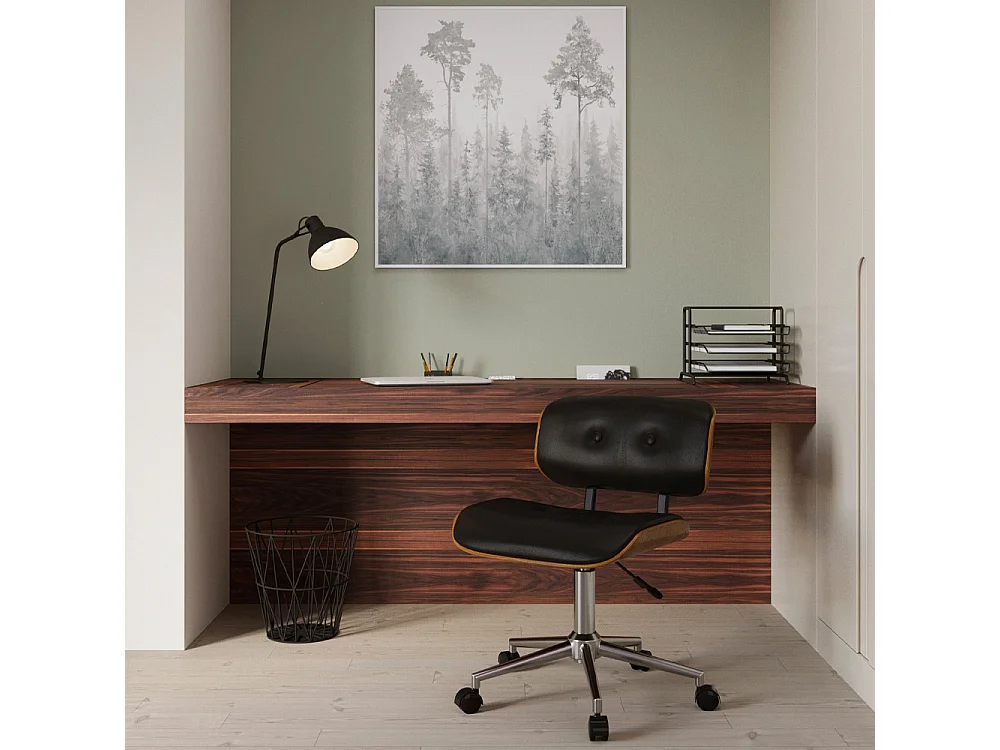 Chaise pivotante et réglable en PU noir et bois plaqué noyer - Melchior