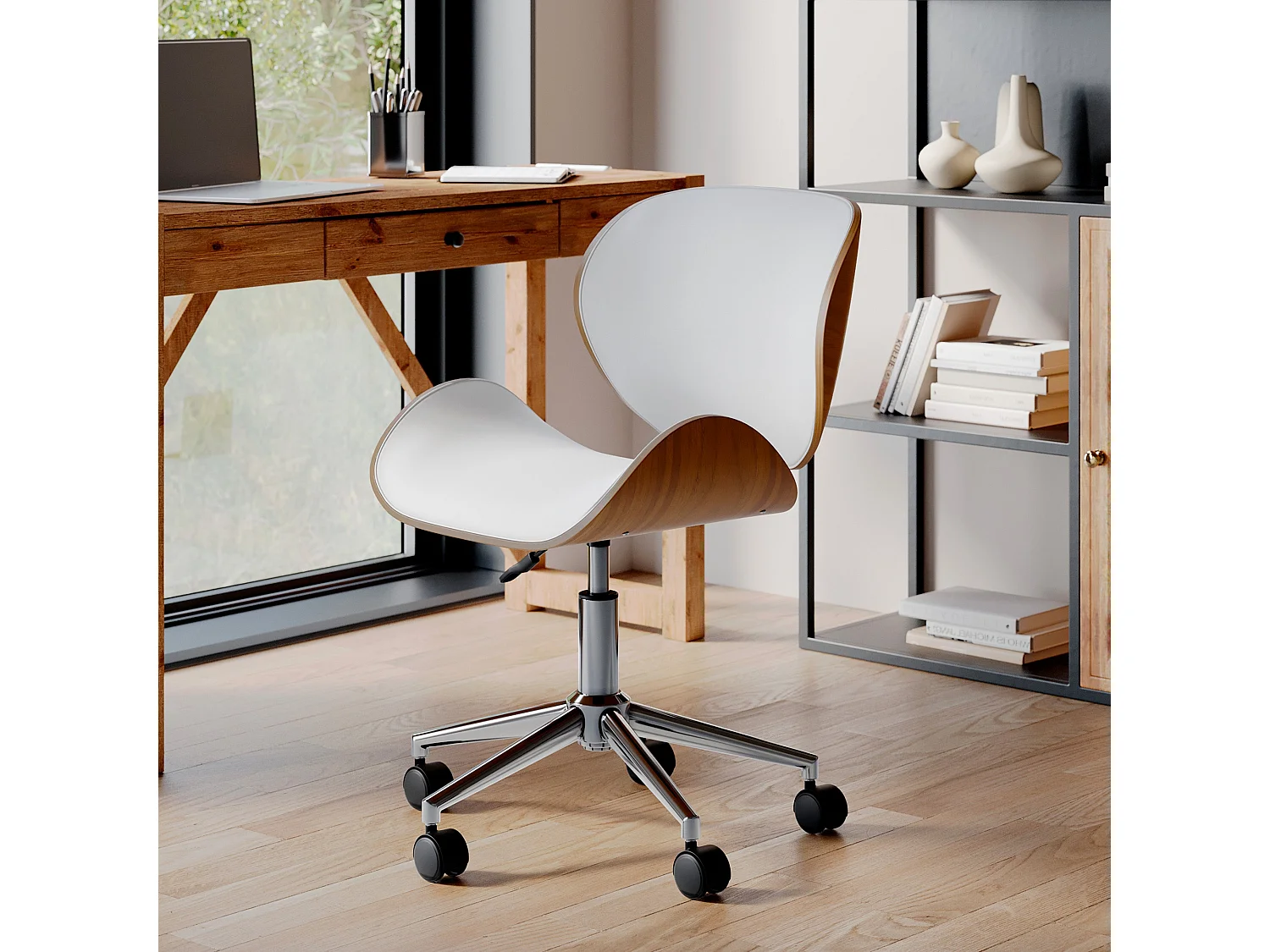 Chaise de bureau pivotante en cuir synthétique blanc 79-91cm - Baudoin
