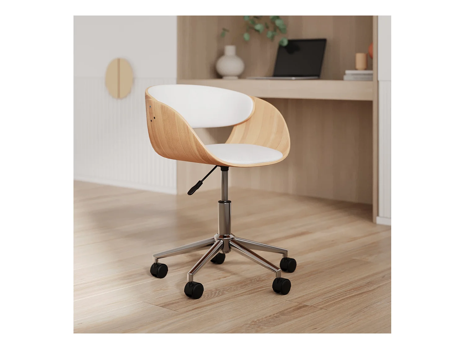 Silla giratoria de madera y PU blanco con ruedas - Adelmar