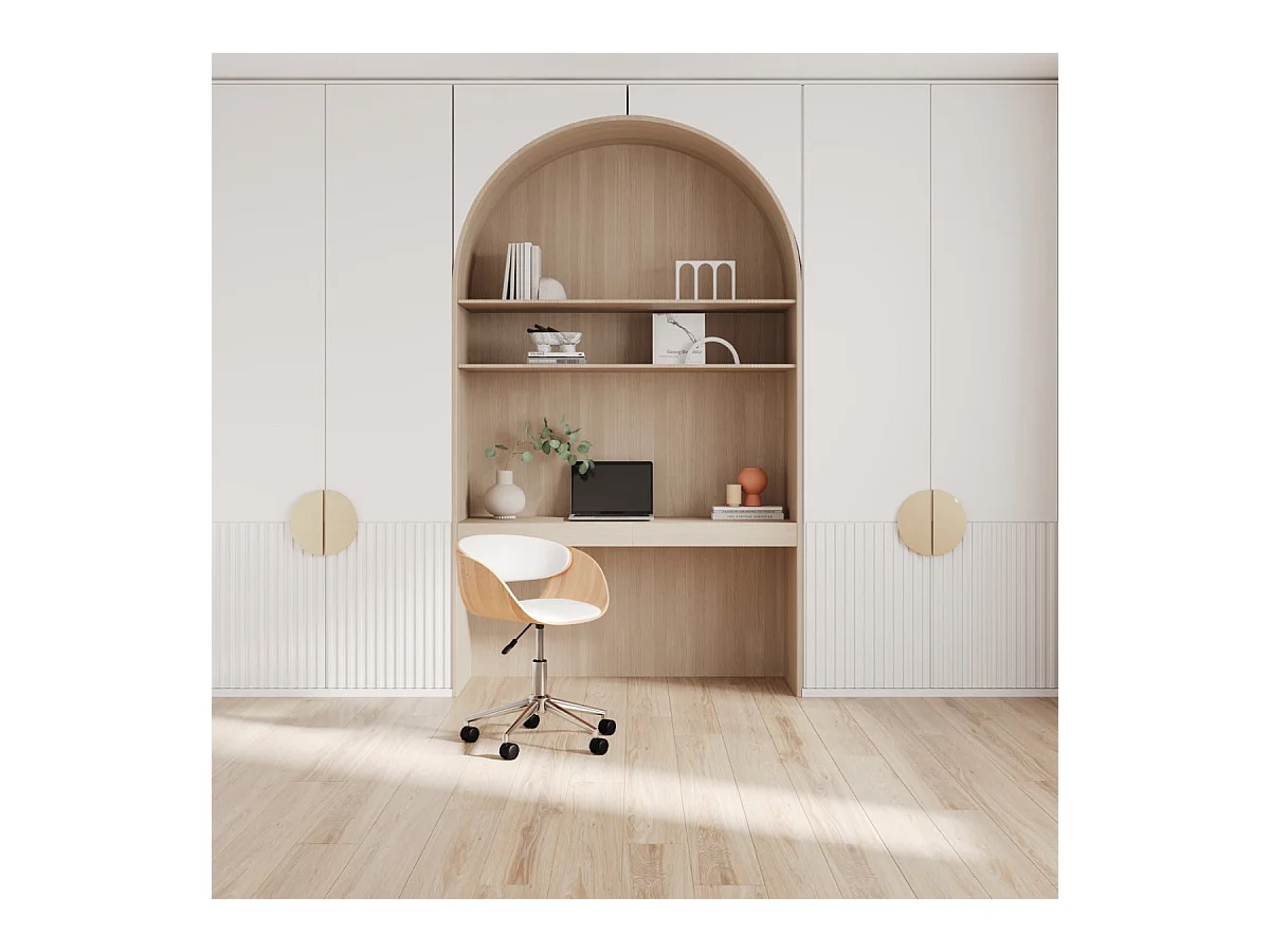 Silla giratoria de madera y PU blanco con ruedas - Adelmar