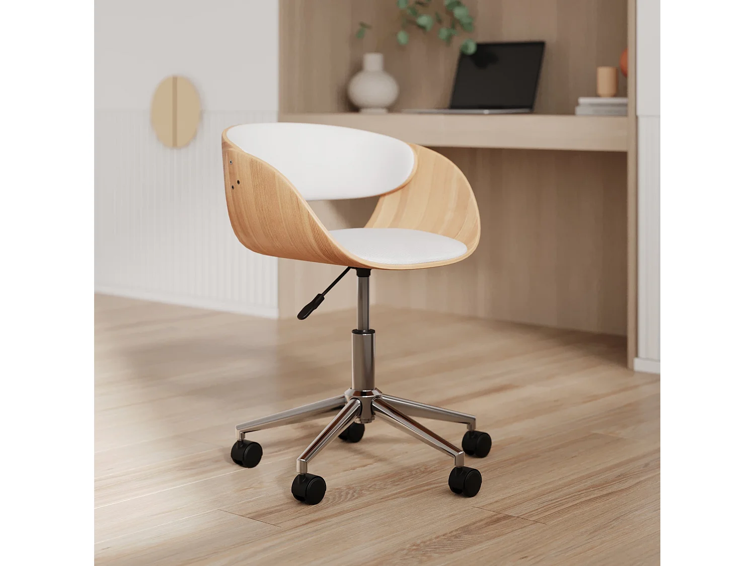 Chaise de bureau pivotante sur roulettes en bois et PU blanc - Adelmar