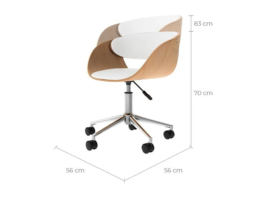 Chaise de bureau pivotante sur roulettes en bois et PU blanc - Adelmar