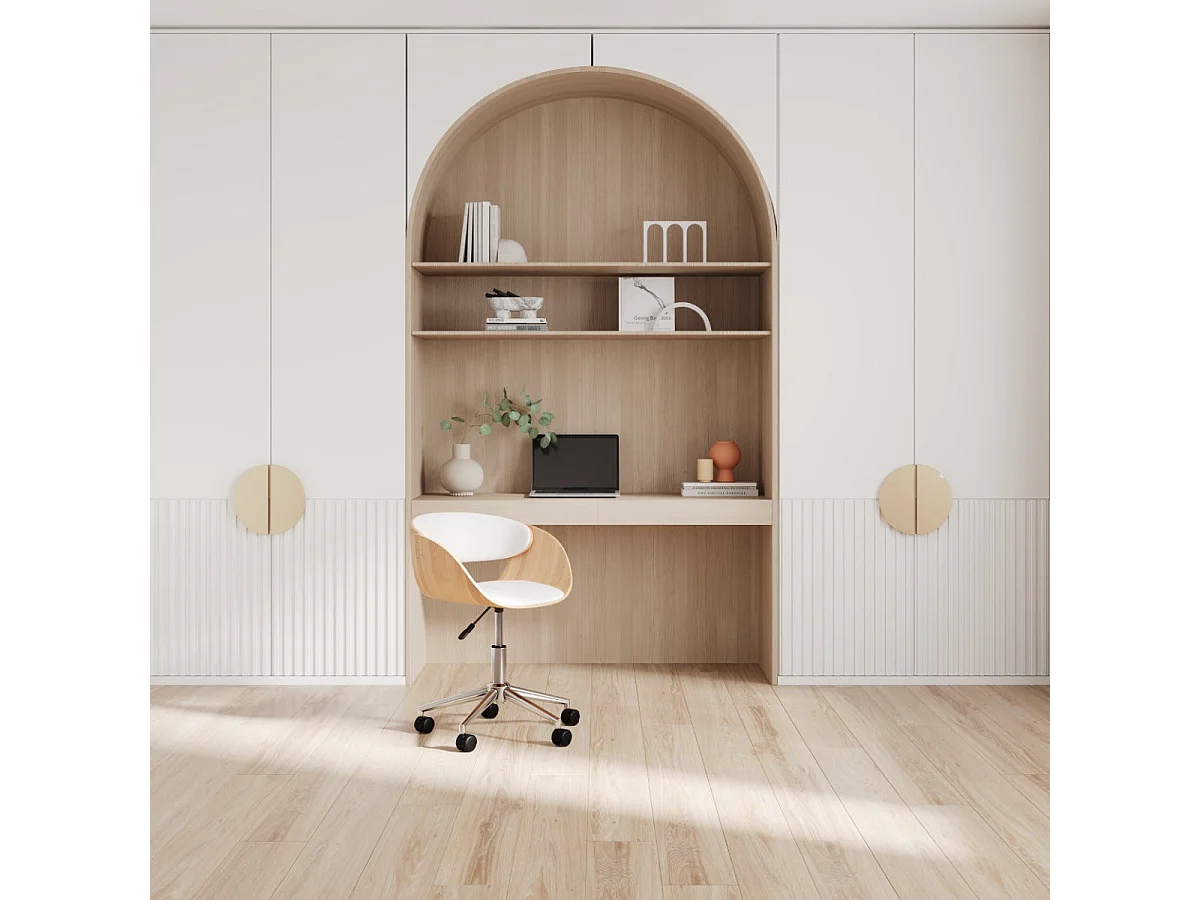 Chaise de bureau pivotante sur roulettes en bois et PU blanc - Adelmar