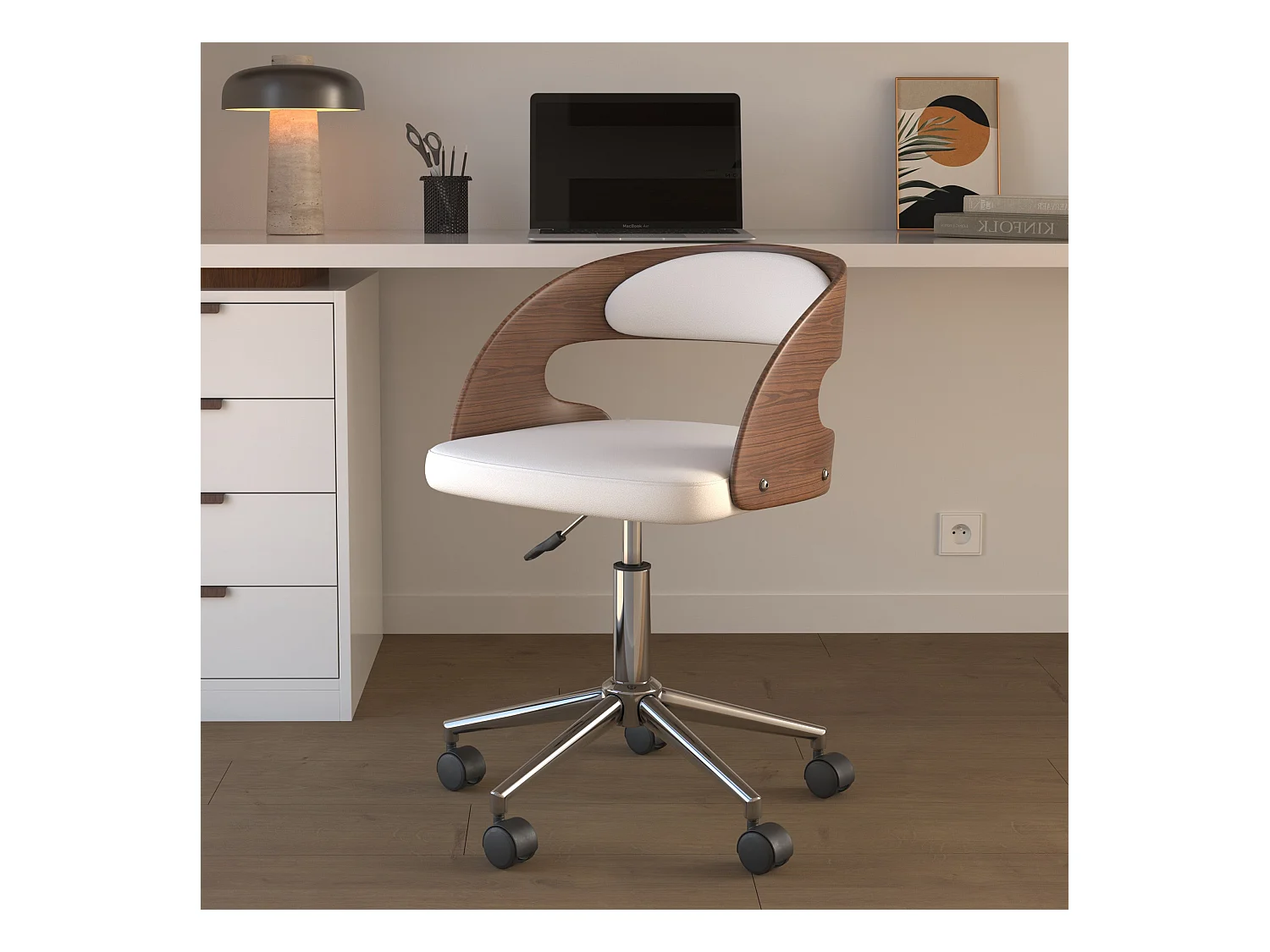 Silla de oficina con ruedas en madera y PU blanco - Louis