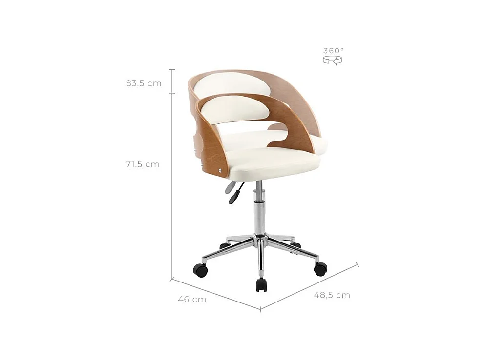 Silla de oficina con ruedas en madera y PU blanco - Louis
