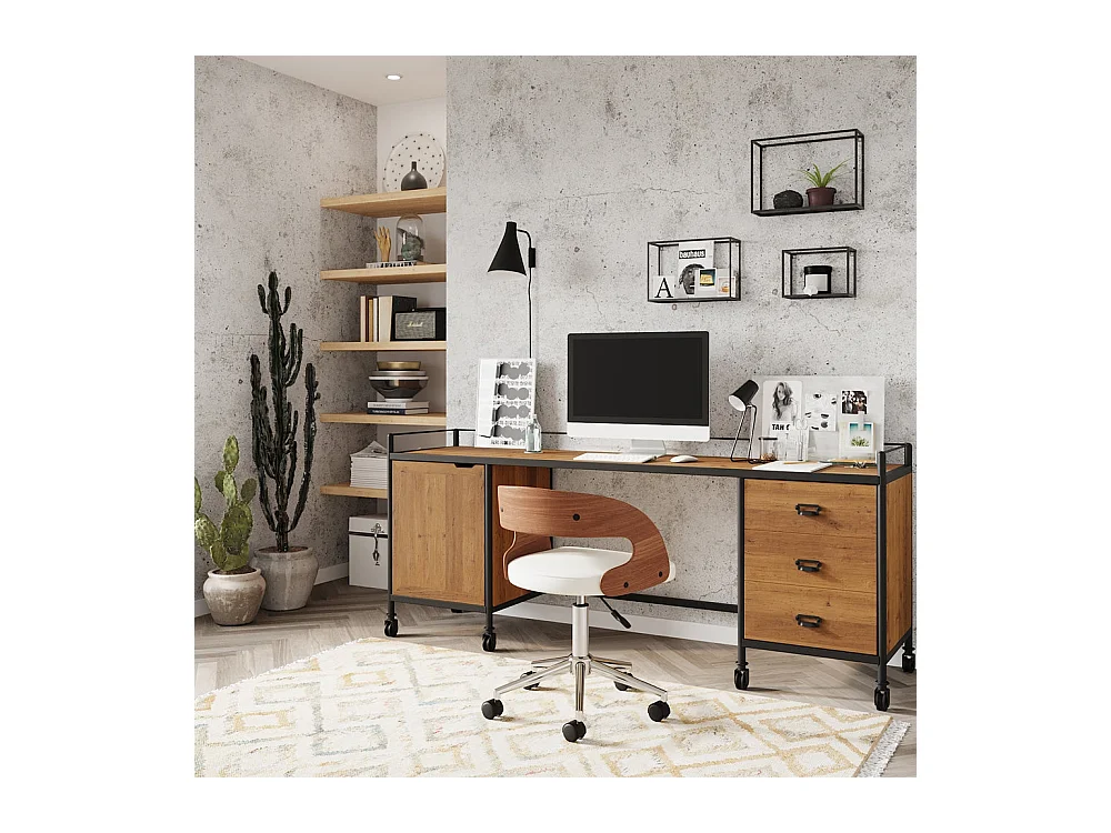 Silla de oficina con ruedas en madera y PU blanco - Louis