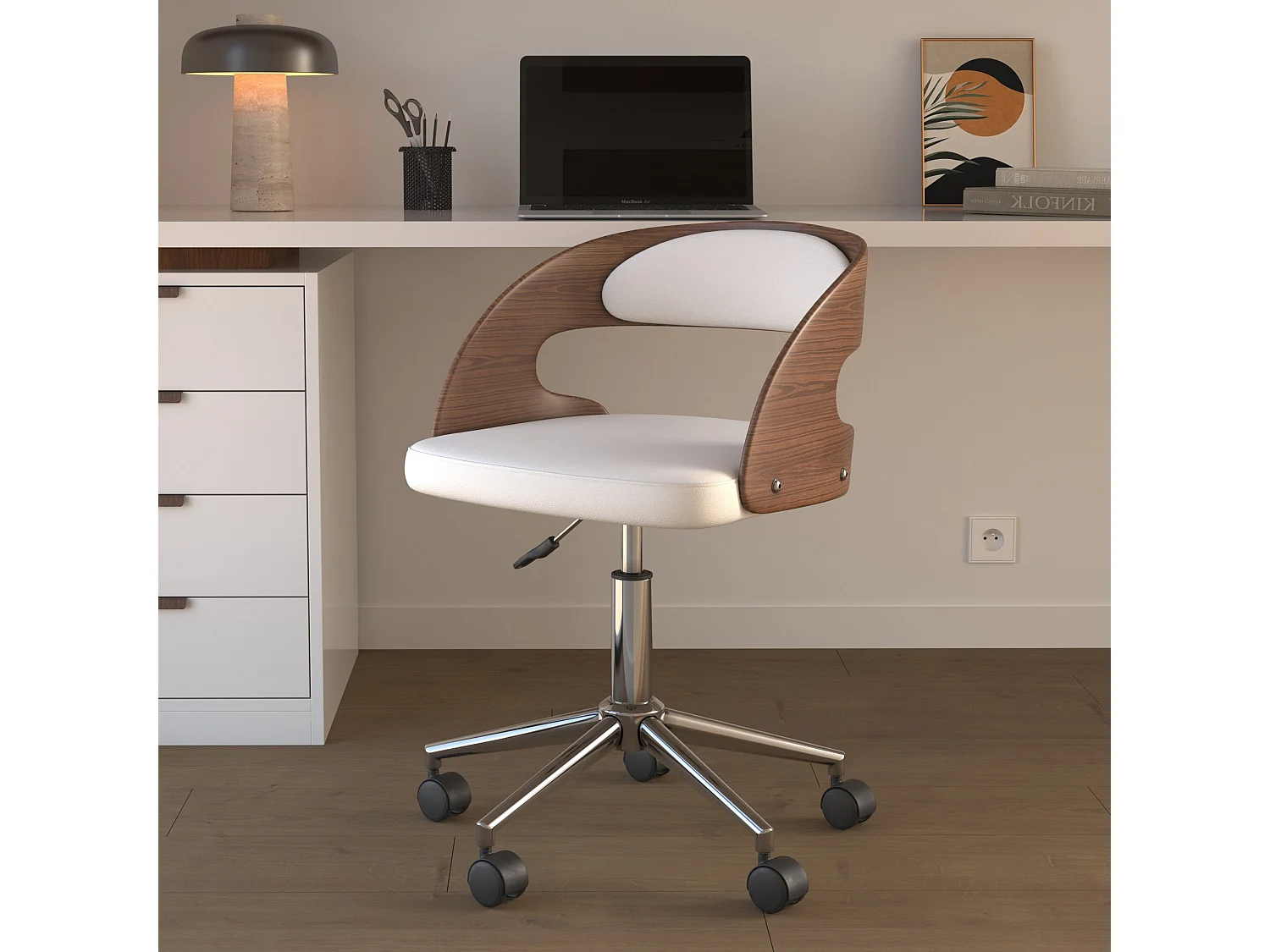 Chaise de bureau pivotante en bois et PU blanc - Louis