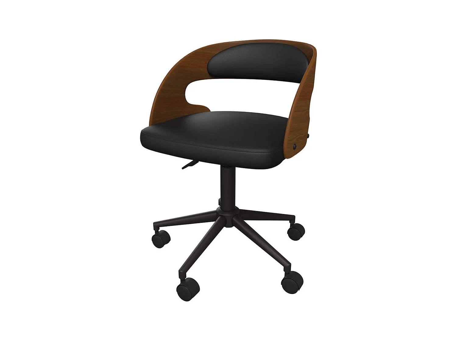 Silla de oficina con ruedas en madera oscura y PU negro - Louis