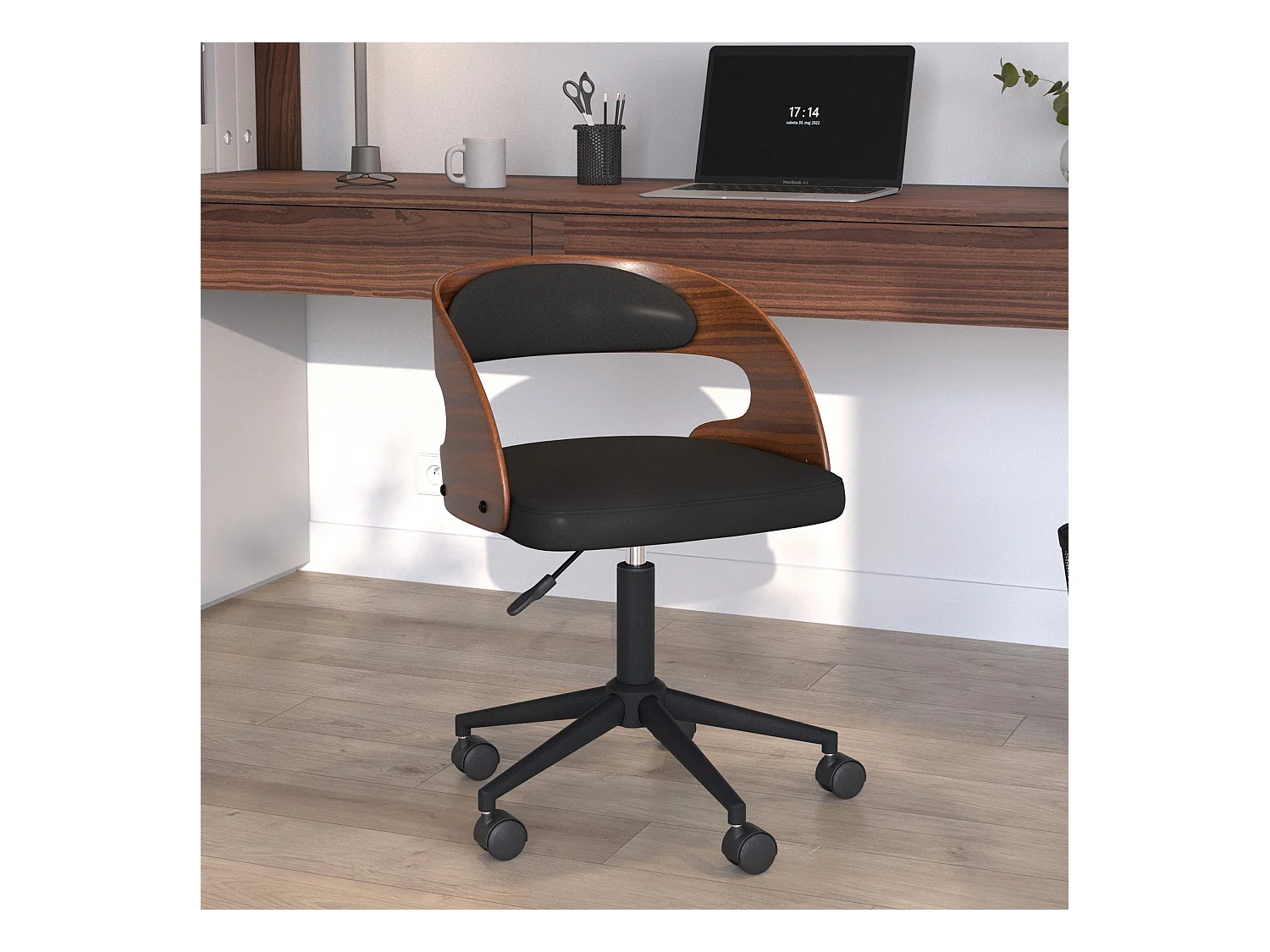 Silla de oficina con ruedas en madera oscura y PU negro - Louis