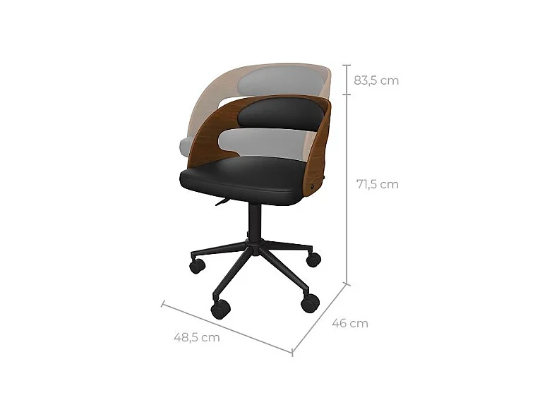 Silla de oficina con ruedas en madera oscura y PU negro - Louis