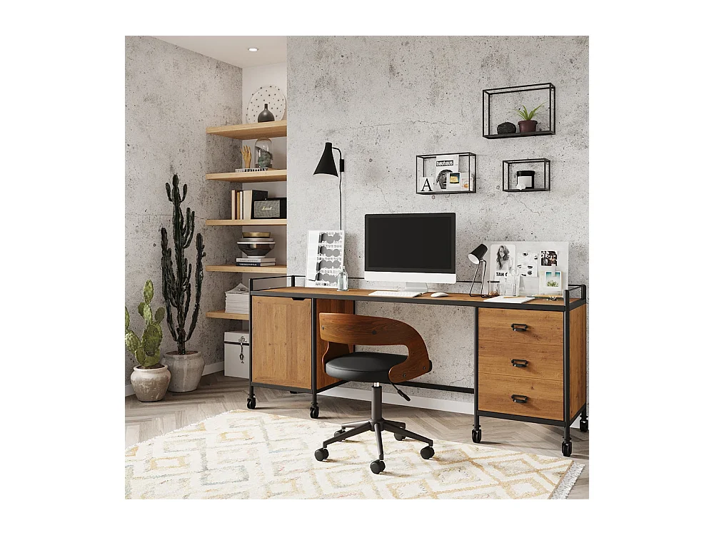 Silla de oficina con ruedas en madera oscura y PU negro - Louis