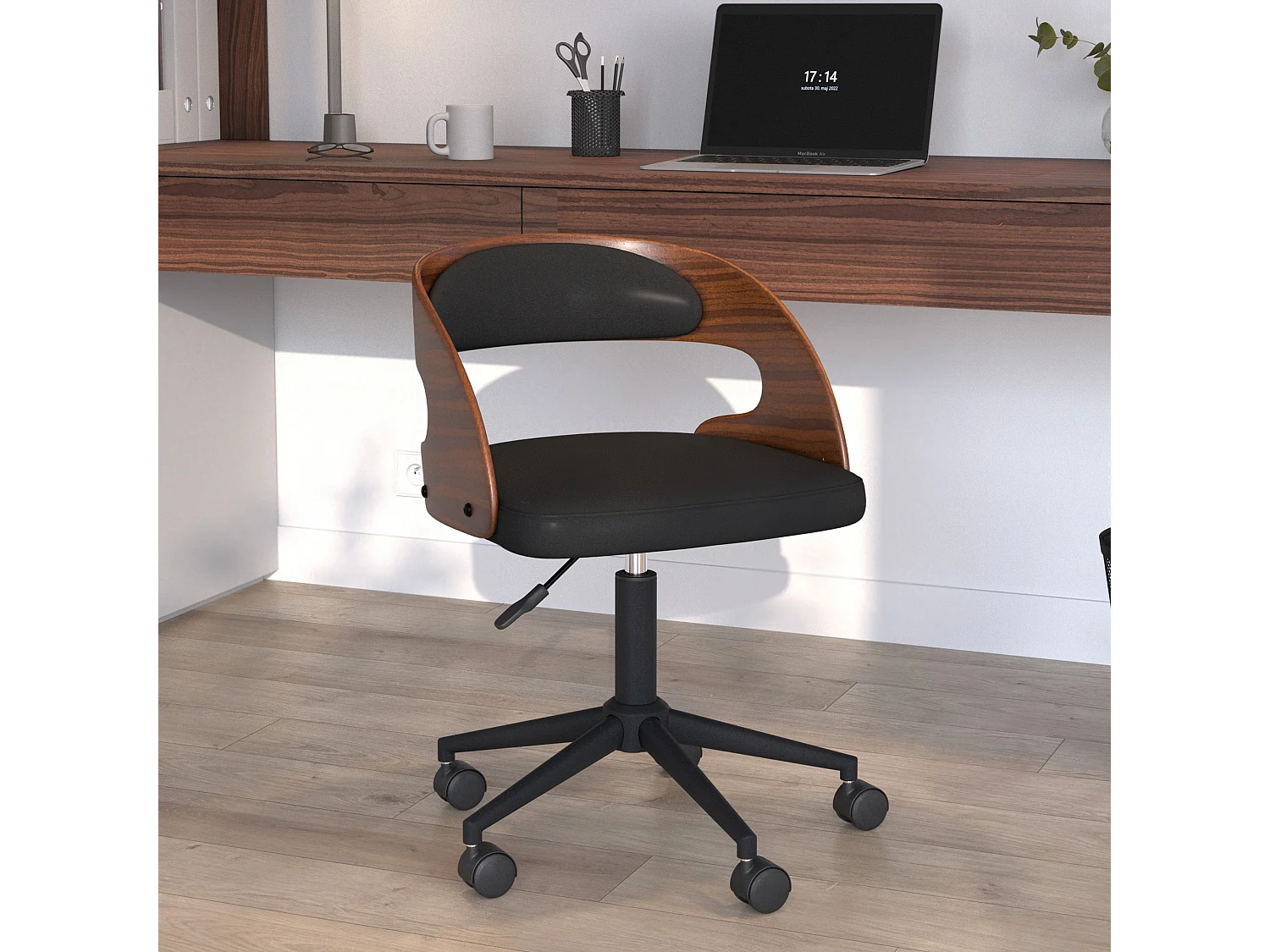 Silla de oficina con ruedas en madera oscura y PU negro - Louis